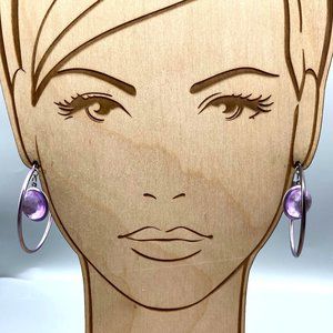 Bold Earrings Purple Hoops with Bright Crystal Dangle, Vintage Flash and Flair